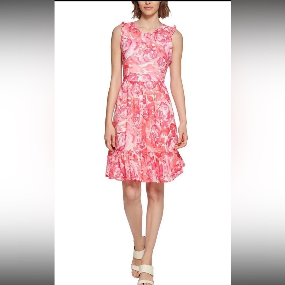 Calvin Klein Womens Pink Ruffled Above Knee Sheath Dress Petites 2P